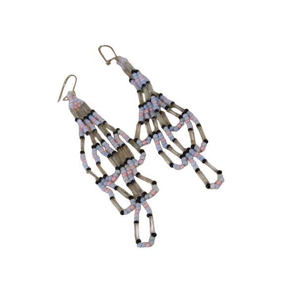 Vintage Beaded Hook Earrings, Pink Black Clear Blue Beaded Fringes Earrings - Picture 1 of 6